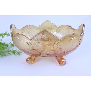Vtg Jeannette Marigold Carnival Glass Lombardi Footed Fruit Bowl Oval 1960s 10”